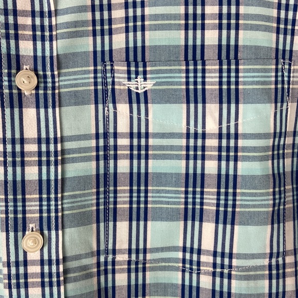 Dockers Men's Aqua Green & Navy Blue Plaid Button Down Long Sleeve Shirt. Sz: S - Picture 3 of 9